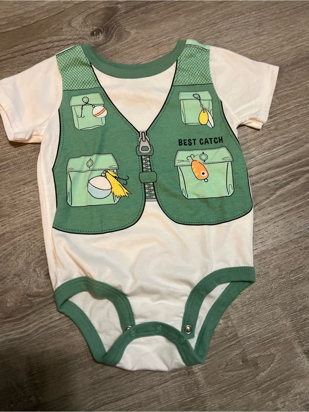 Green Fishing Vest Print Baby Bodysuit - 'Best Catch'